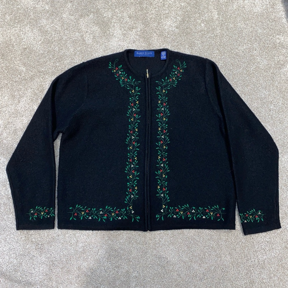 Vintage Karen Scott Black Wool Christmas Cardigan Women's XL Full Zip Australia‎